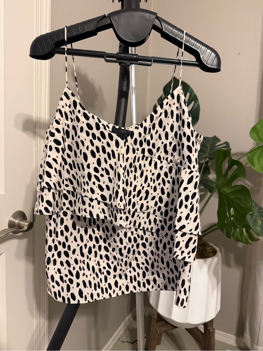 J. Crew Black Spot Ruffle Cami on Cream